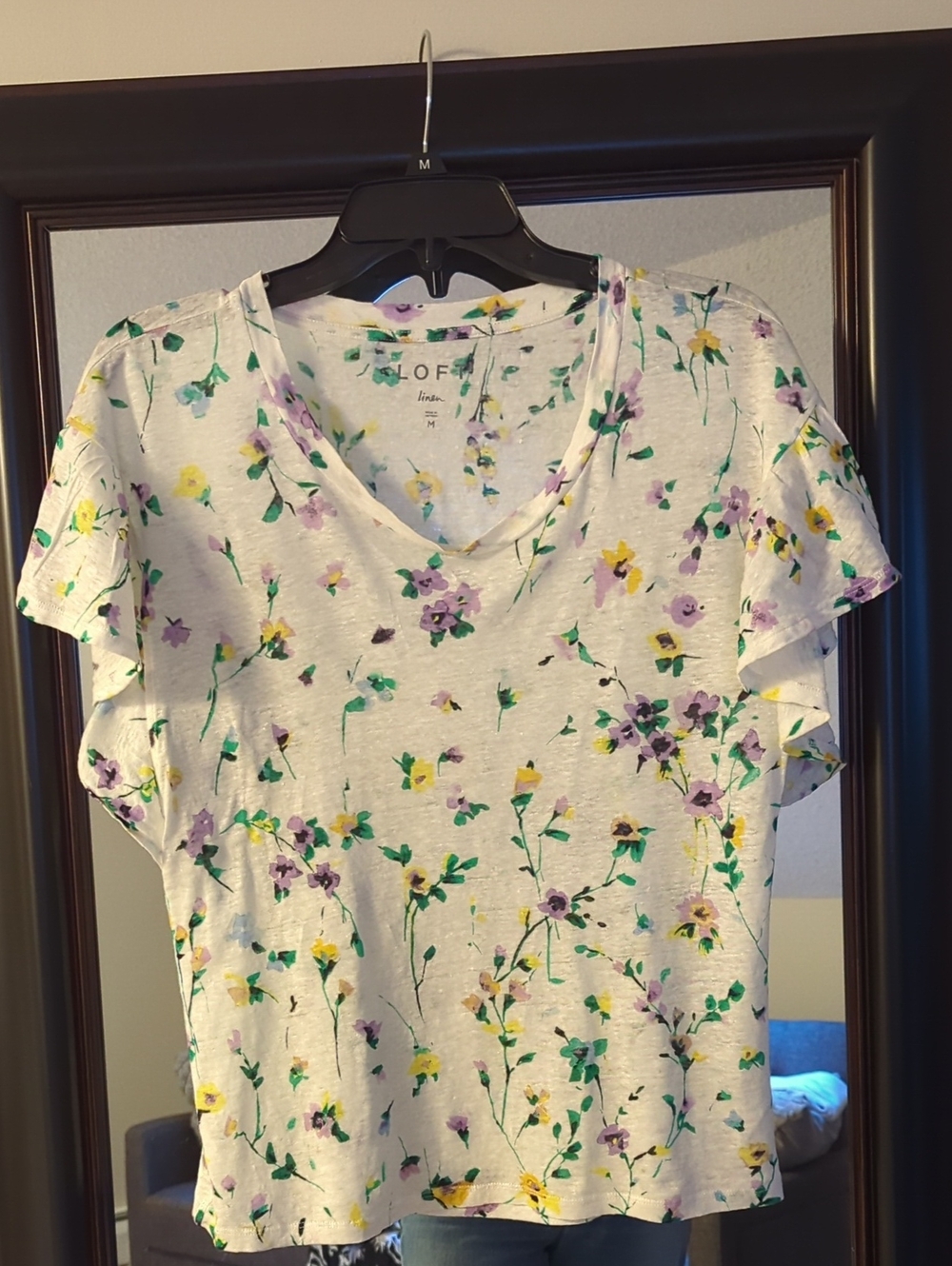 LOFT Linen White Floral V-Neck Tee with Purple and Yellow Flowers